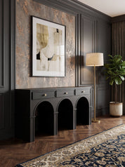 Tori 3-Drawer Black Wood Console Roman Arch Design