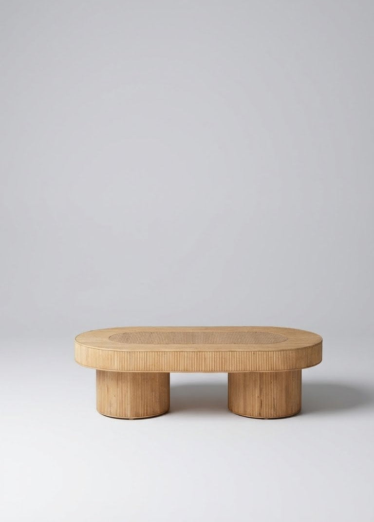 Oval Rattan Coffee Table with Double Pedestal Base