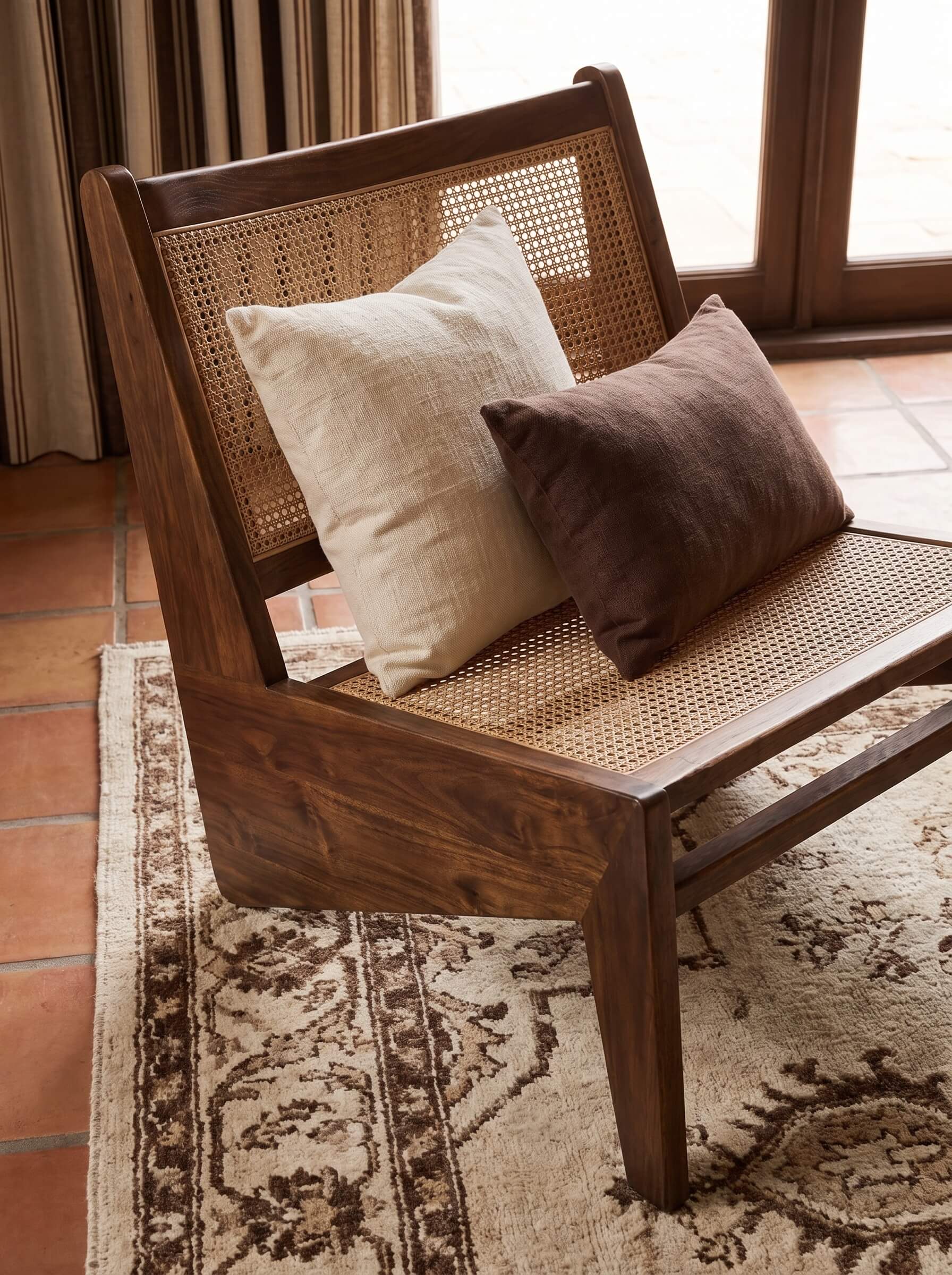 A mid-century modern wooden armchair with a woven cane back and seat, styled with two throw pillows (one cream, one dark brown) on a patterned area rug in a sunlit room.