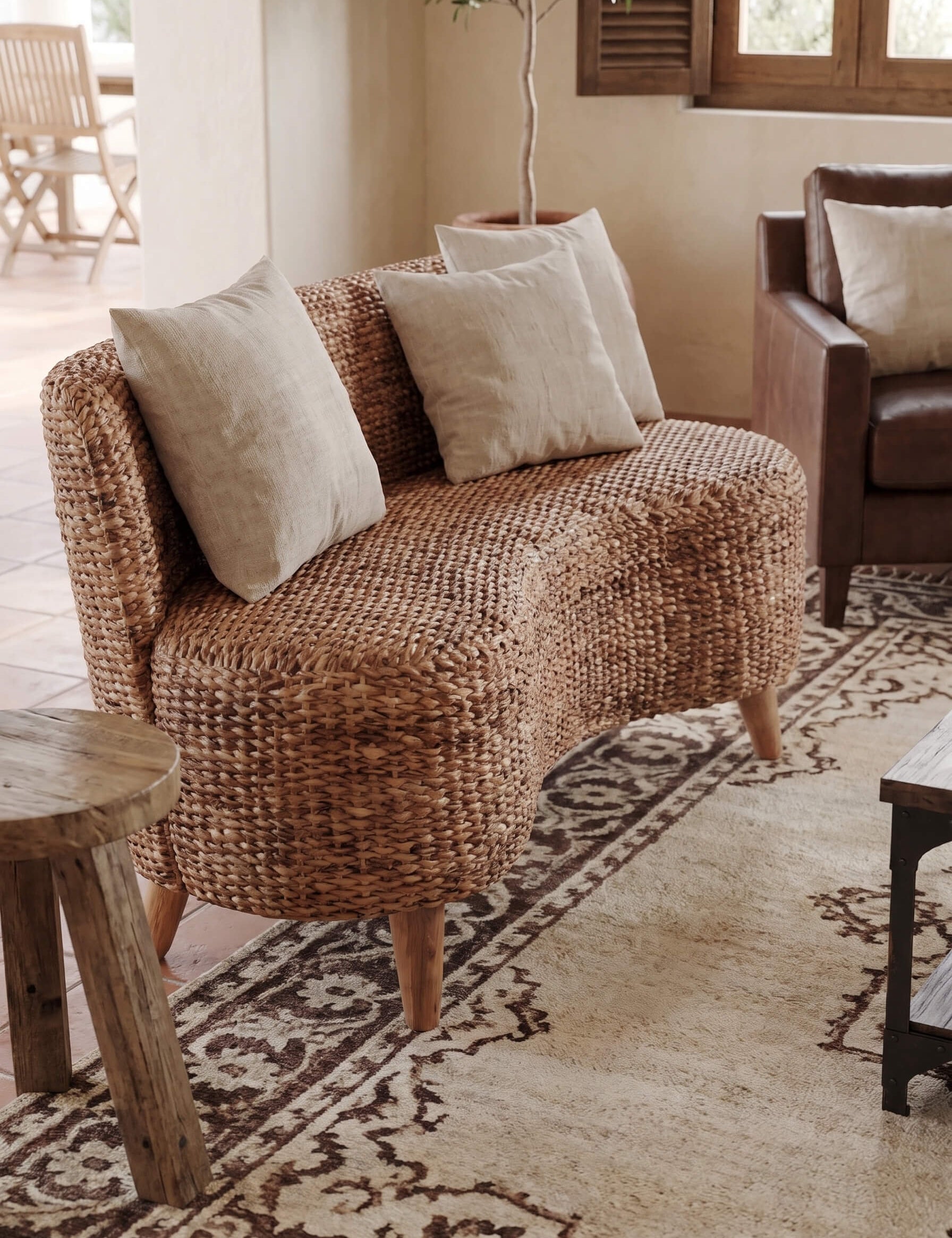 A curved woven rattan loveseat with four neutral beige throw pillows, styled in a warm, rustic living room setting on a patterned rug.