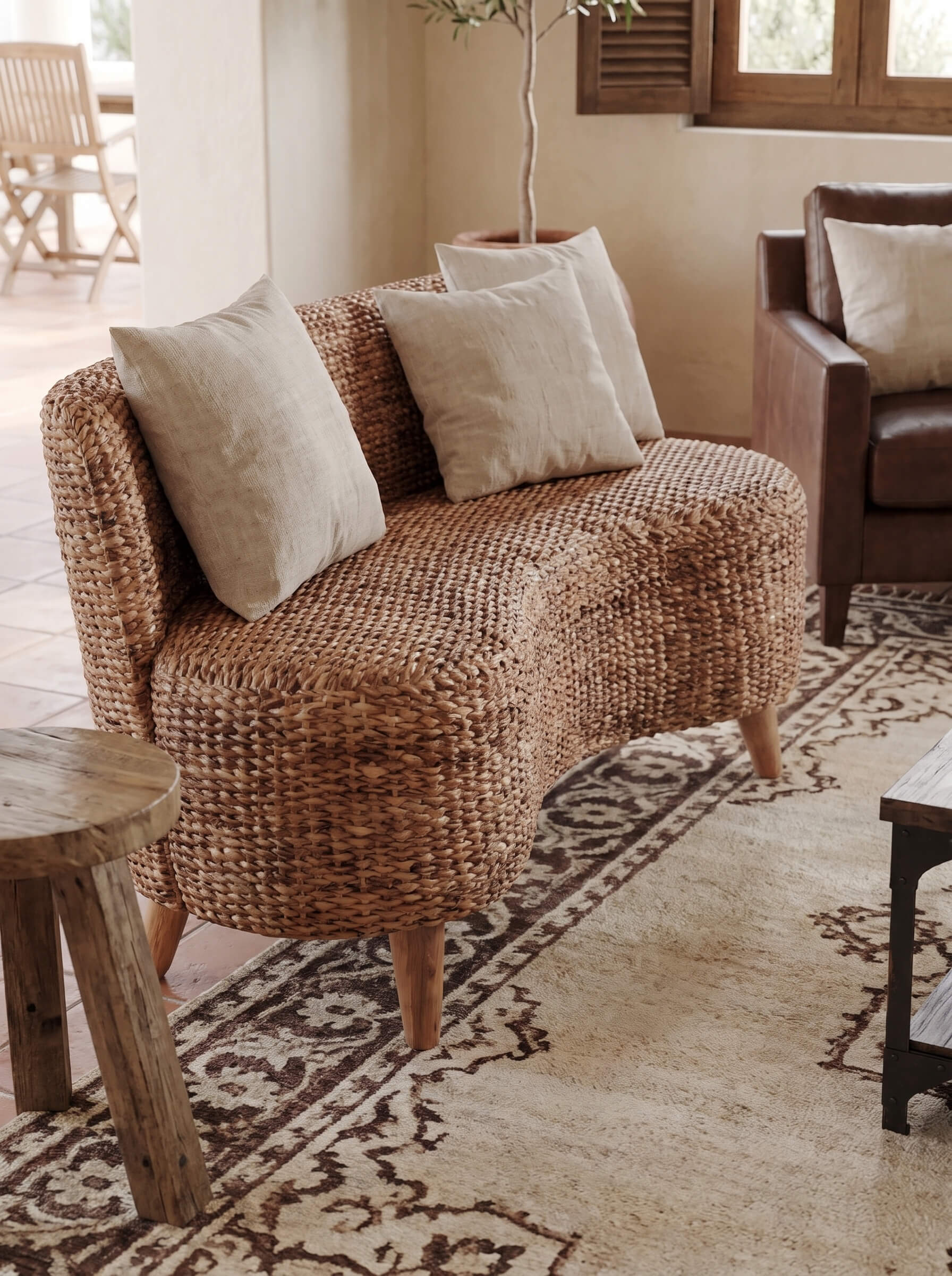 A curved woven rattan loveseat with four neutral beige throw pillows, styled in a warm, rustic living room setting on a patterned rug.