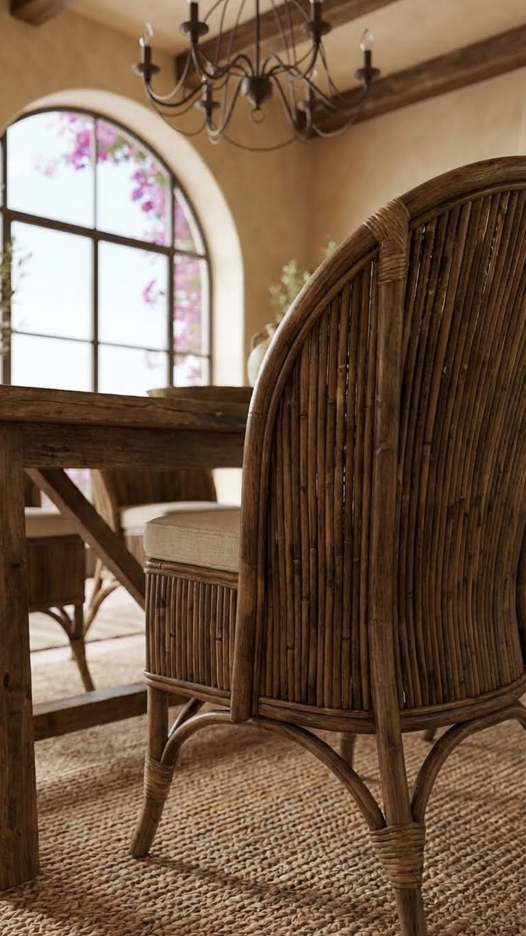 Rattan chair in a rustic dining room with wooden table and archway.