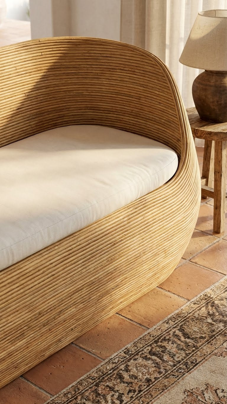 Wicker chair with a cushion on a tiled floor, next to a lamp and curtains.