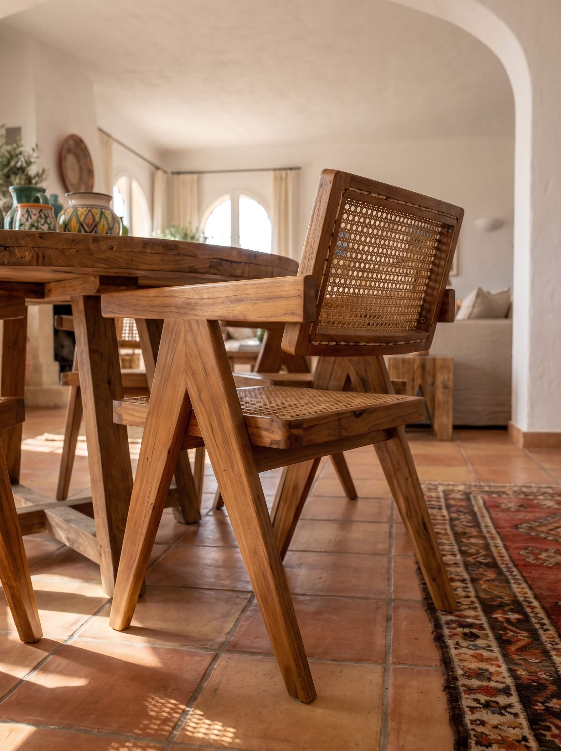 Back detail of solid teak wood chair
Teak wood armchair with natural finish
Modern organic teak wood dining chair
