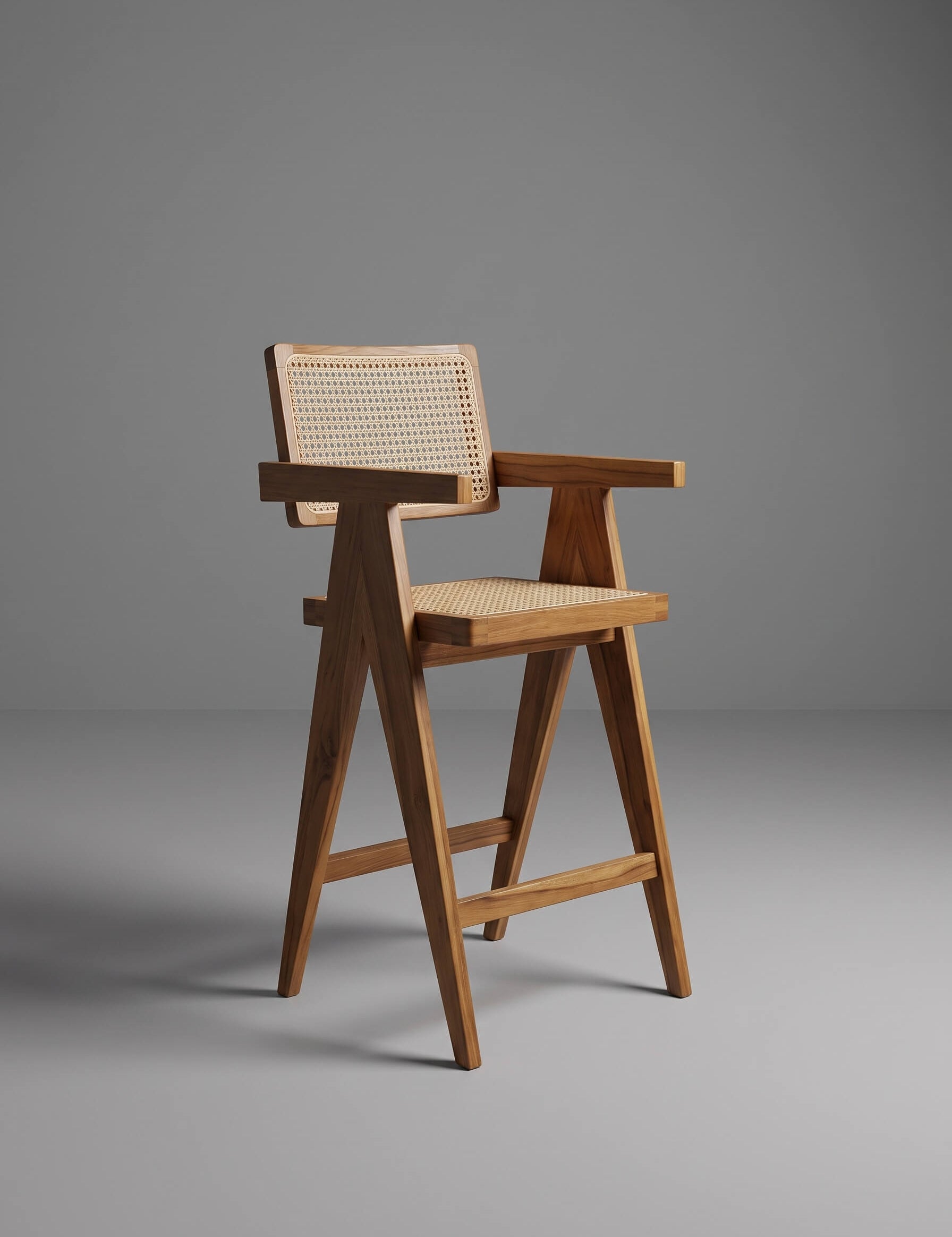 Back detail of solid teak wood chair
Teak wood armchair with natural finish
Modern organic teak wood dining chair