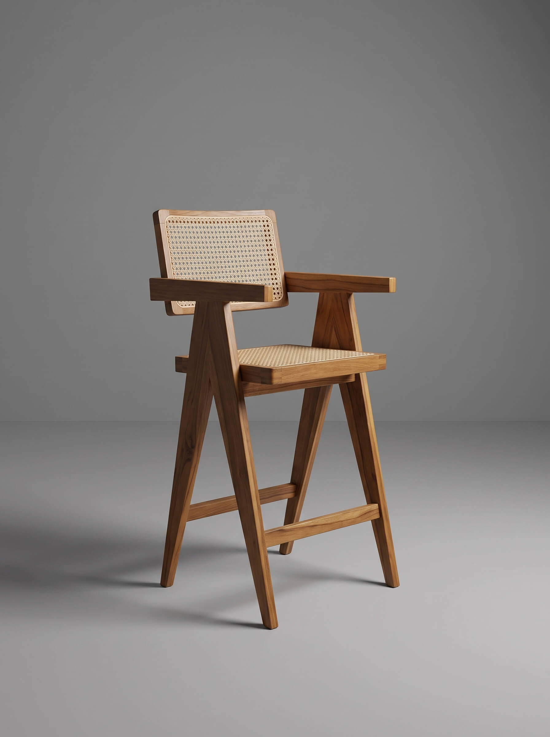 Back detail of solid teak wood chair
Teak wood armchair with natural finish
Modern organic teak wood dining chair