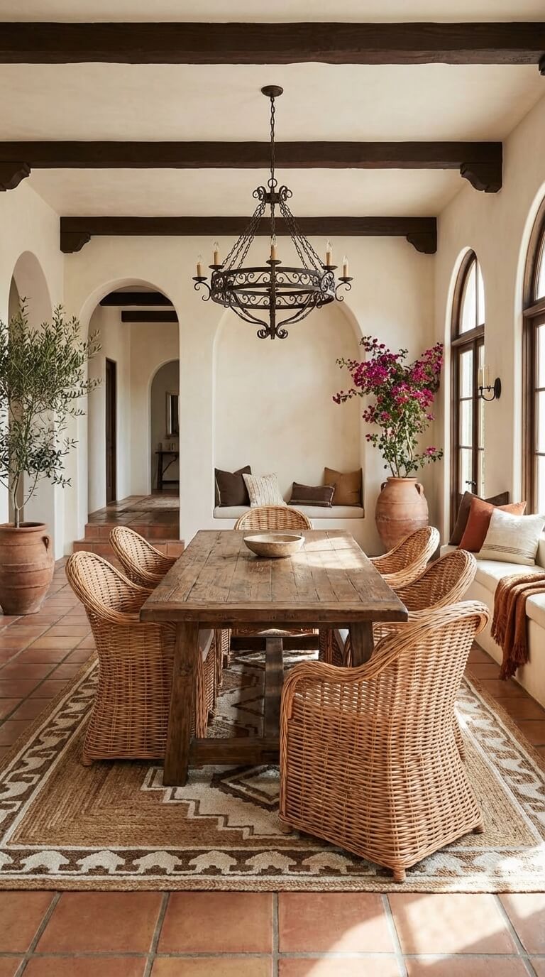 Dining room with wooden table, wicker chairs, and a chandelier.