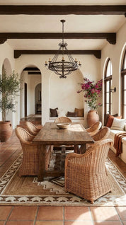 Dining room with wooden table, wicker chairs, and a chandelier.