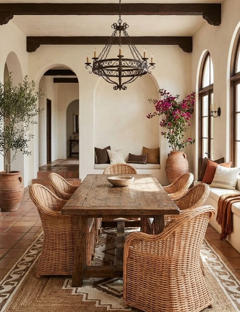 Dining room with wooden table, wicker chairs, and a chandelier.