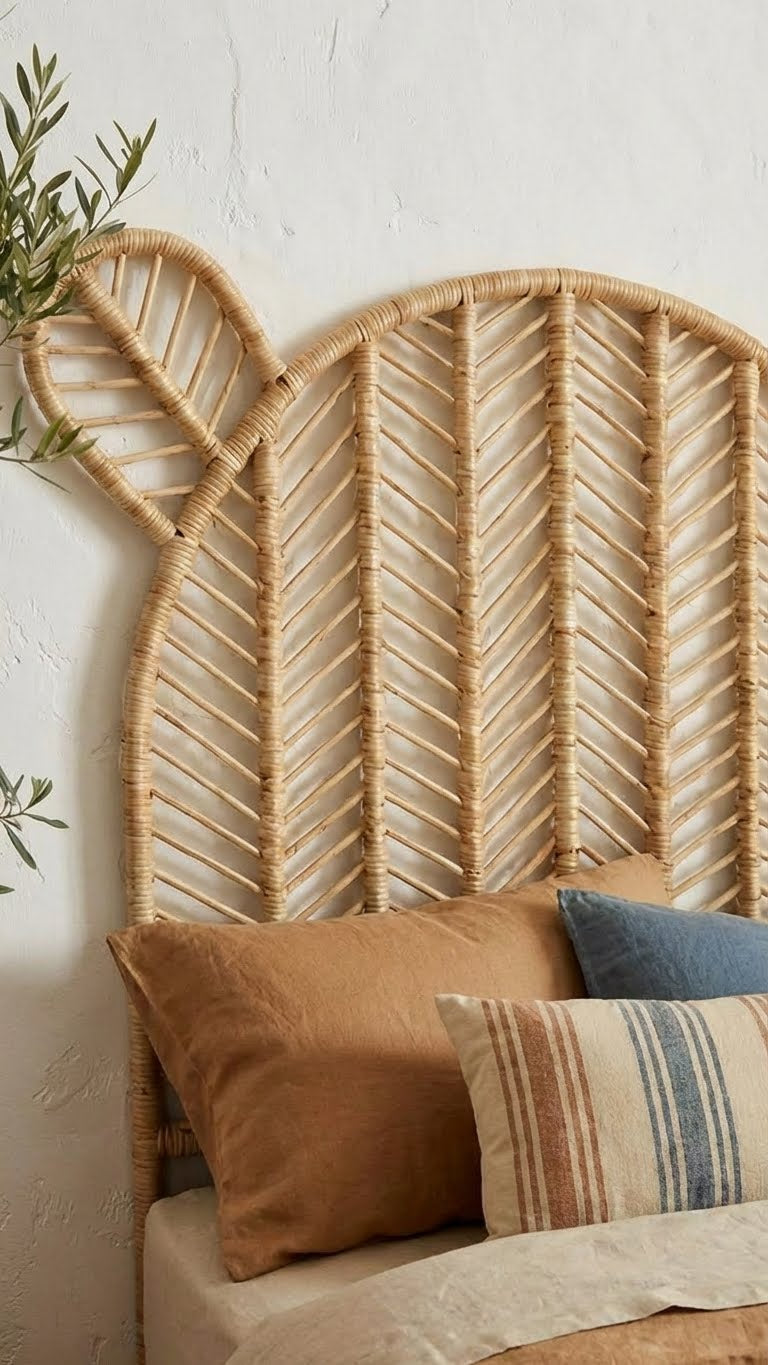 Woven headboard with decorative pillows against a white wall