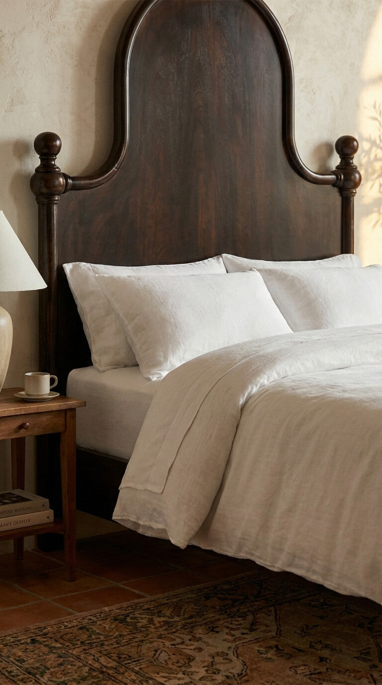Bedroom with wooden headboard, white bedding, and side table.