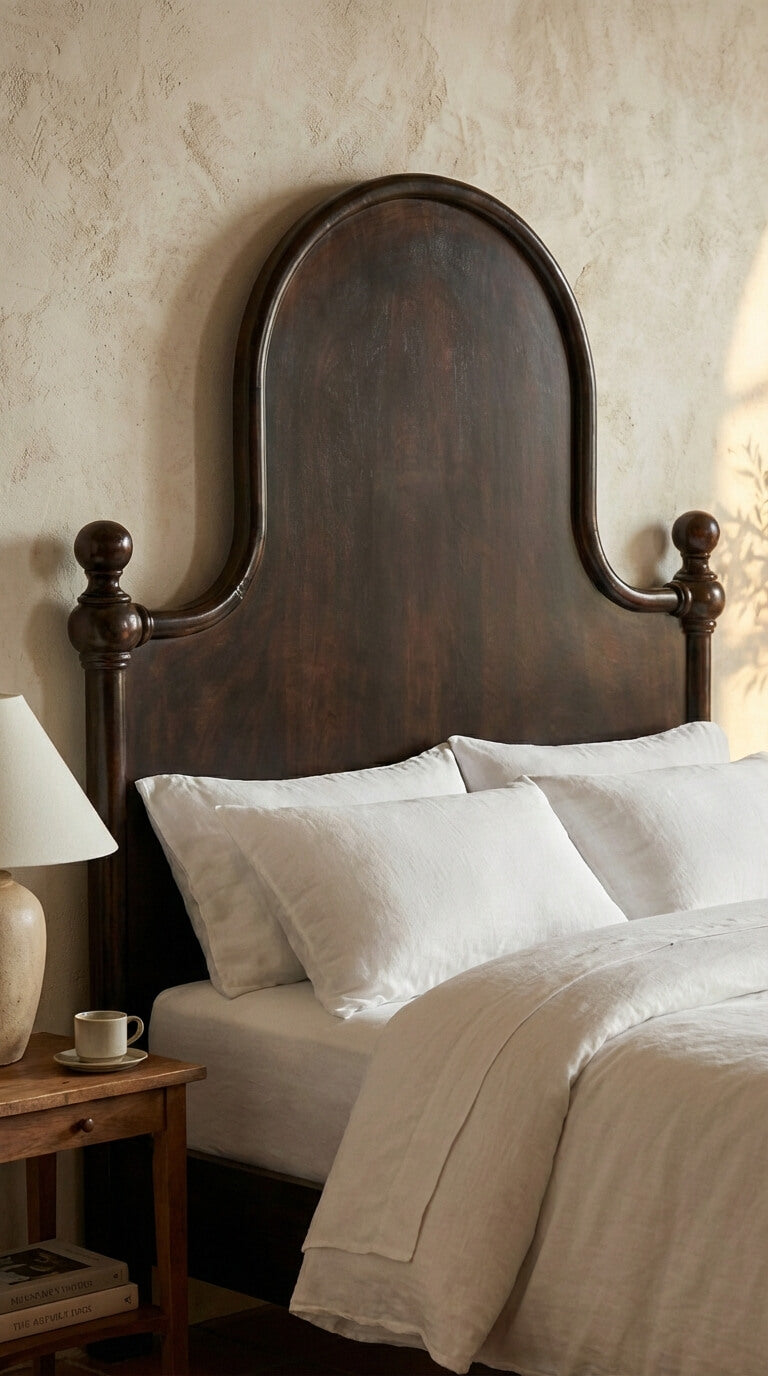 Bedroom with wooden headboard and white bedding