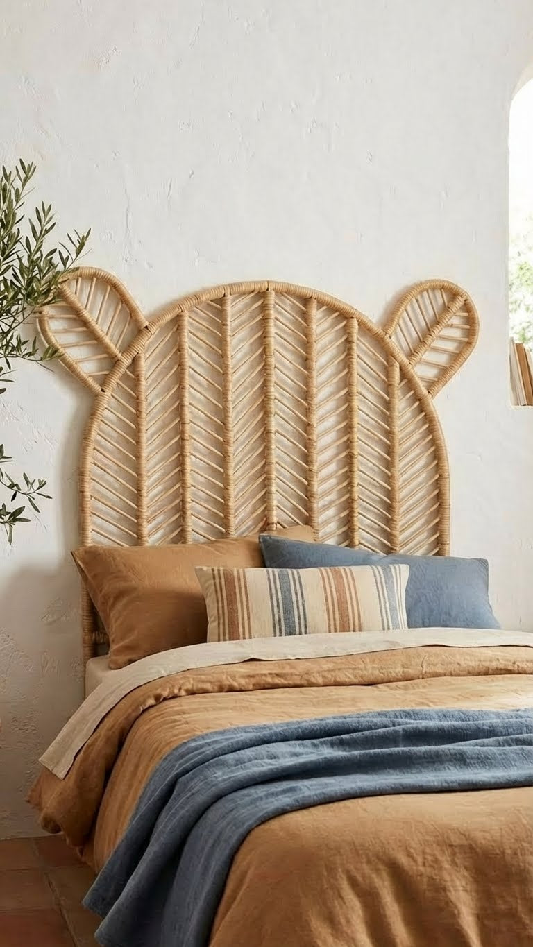 Woven headboard with animal ears on a bed with colorful bedding.