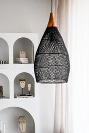 Blaxy Black Rattan Hanging Pendant Lamp with Teak Wood Accent, Handmade, 2 Sizes, M and L.