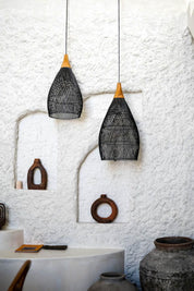 Blaxy Black Rattan Hanging Pendant Lamp with Teak Wood Accent, Handmade, 2 Sizes, M and L.