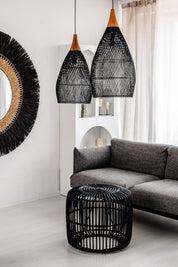 Blaxy Black Rattan Hanging Pendant Lamp with Teak Wood Accent, Handmade, 2 Sizes, M and L.