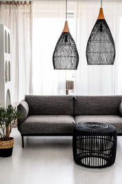 Blaxy Black Rattan Hanging Pendant Lamp with Teak Wood Accent, Handmade, 2 Sizes, M and L.