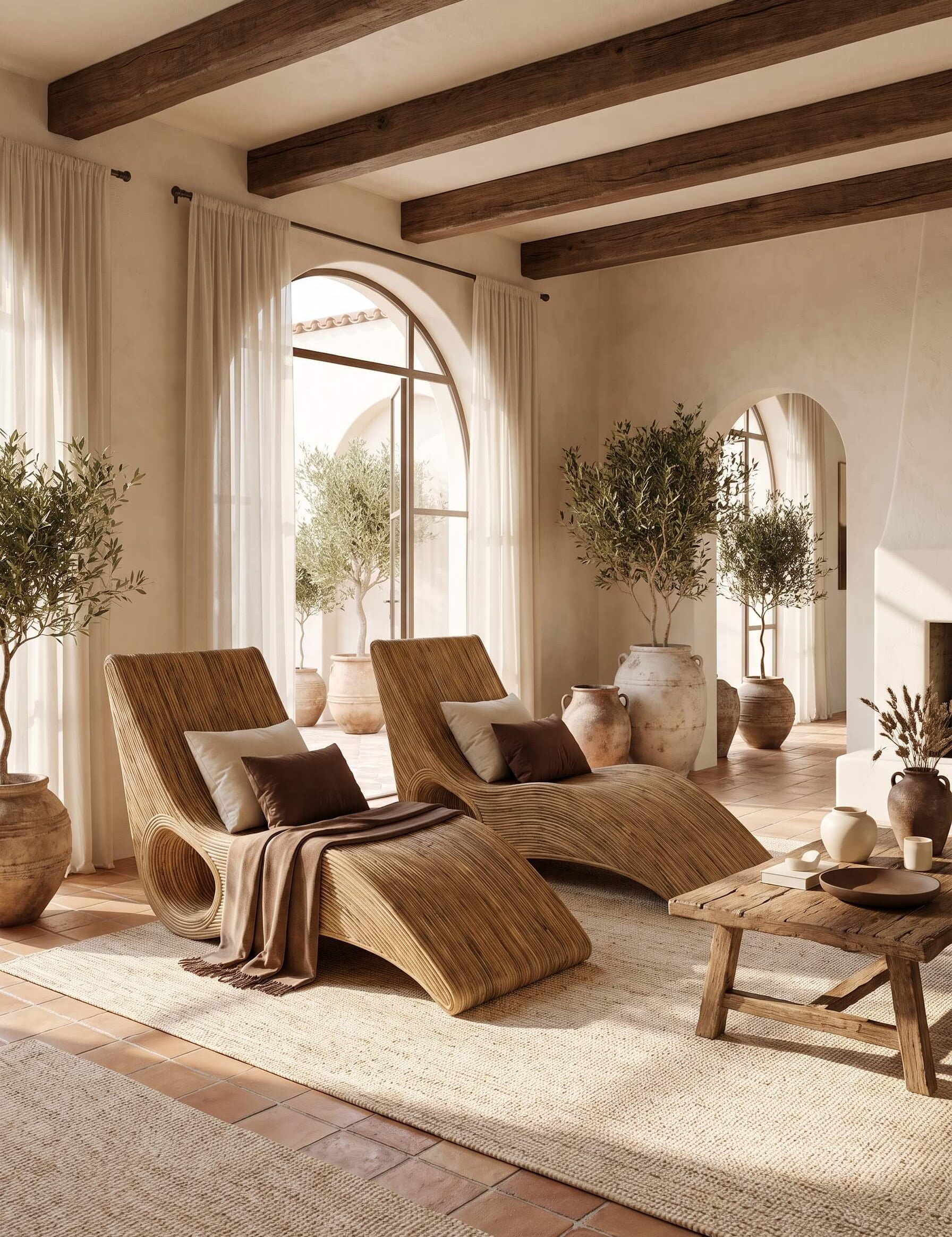 Two curved wooden lounge chairs with woven seat cushions and pillows, styled in a rustic, sunlit room with arched windows, beige walls, exposed dark wood ceiling beams, potted plants, and a small wooden side table.