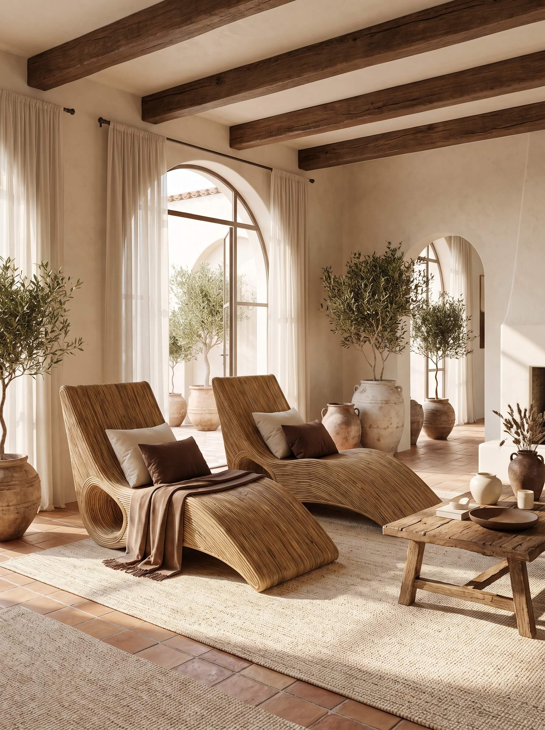 Two curved wooden lounge chairs with woven seat cushions and pillows, styled in a rustic, sunlit room with arched windows, beige walls, exposed dark wood ceiling beams, potted plants, and a small wooden side table.