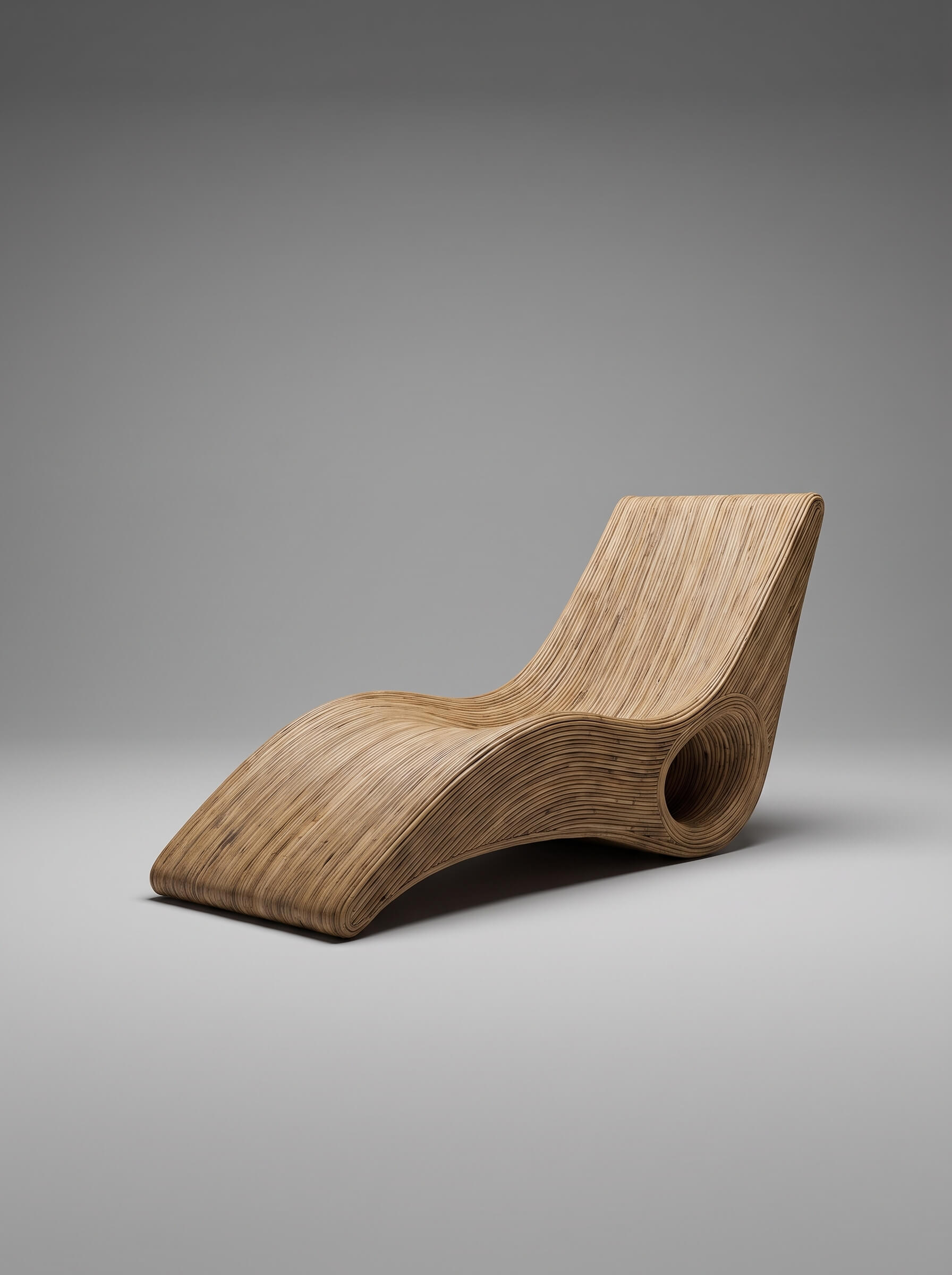 A sculptural wooden lounge chair with a curved, wave-like silhouette and a circular cutout, crafted from wood with prominent grain patterns, set against a neutral gray studio background.