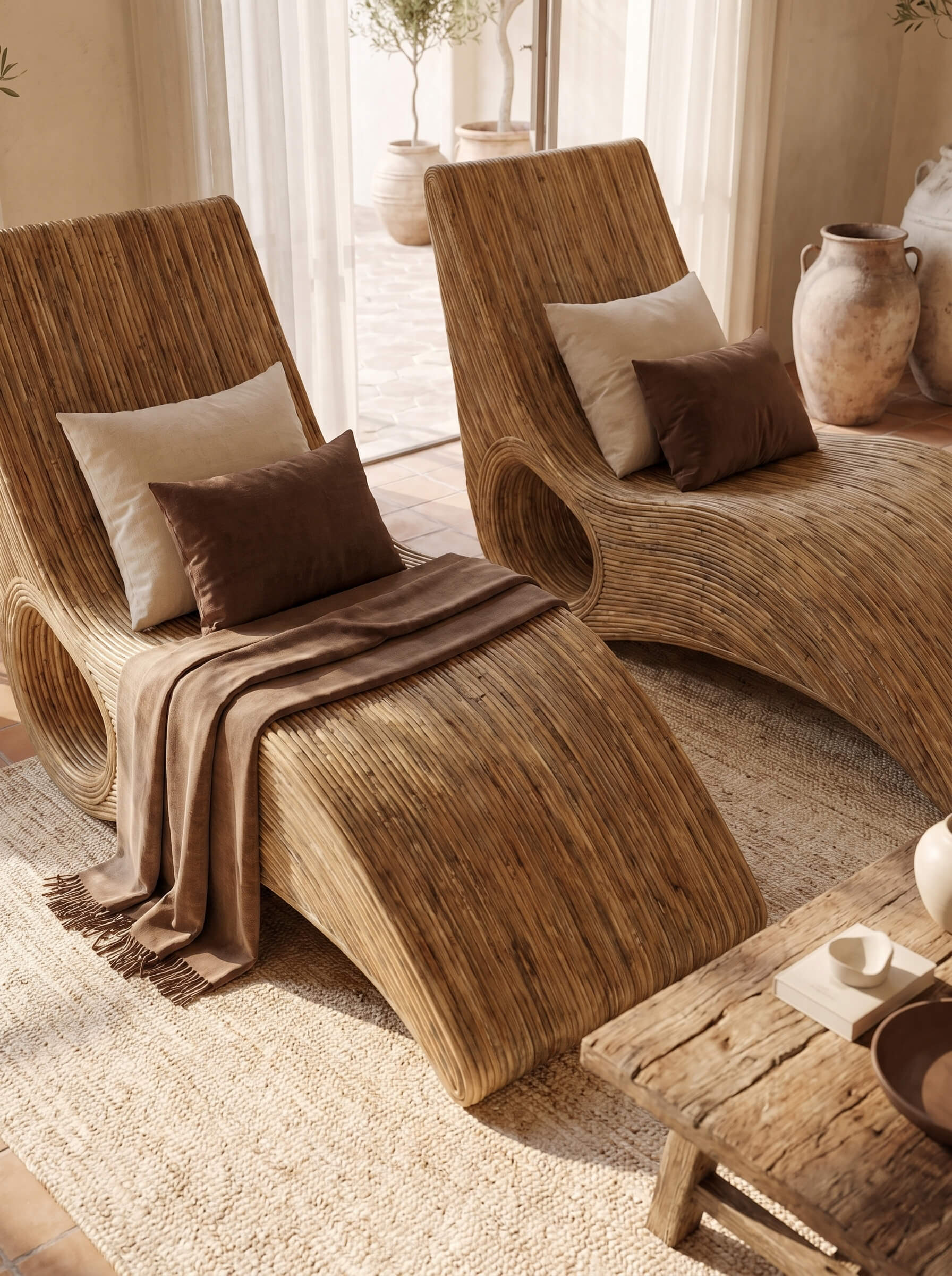 Two curved woven rattan chaise lounge chairs with cream and brown pillows and a brown throw blanket, styled in a warm, sunlit room with a rustic wooden table and neutral decor.
