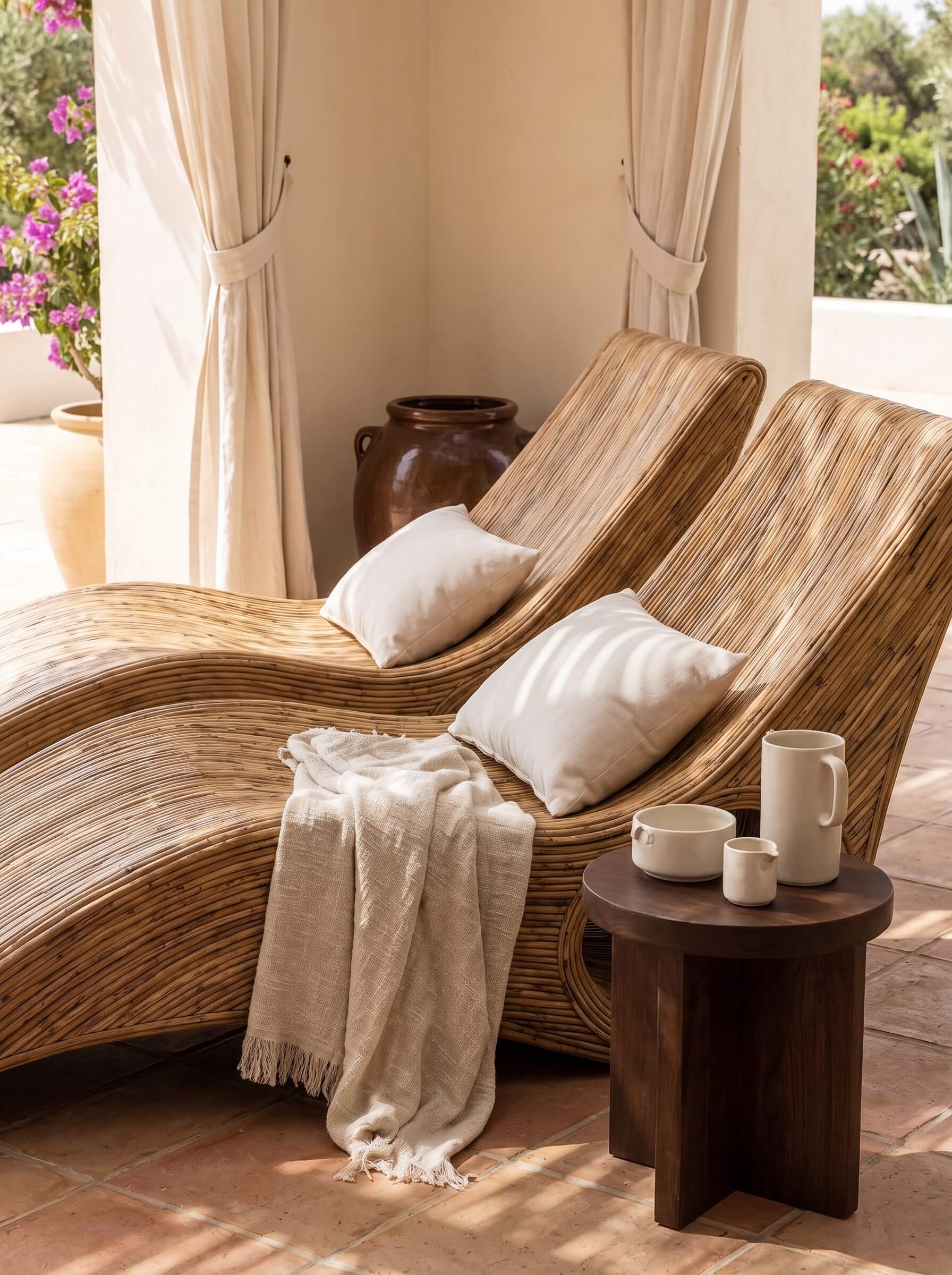 Two curved woven rattan chaise lounge chairs with cream pillows and a beige throw blanket, styled on a terracotta tiled patio with a small wooden side table holding white ceramic mugs.
