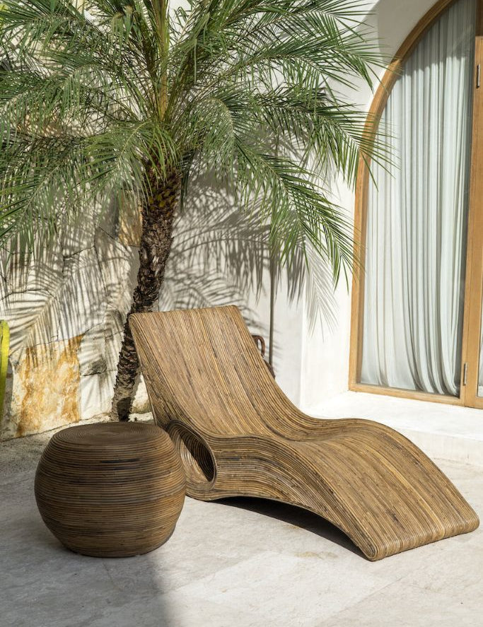 Eco-friendly brown rattan sun lounger – Tegal Camila Orianson sustainable handmade outdoor furniture for poolside and garden