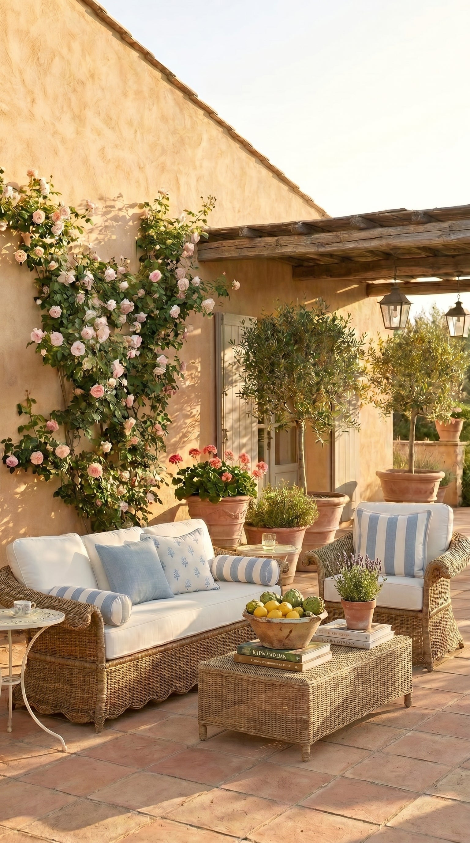 Outdoor patio with wicker furniture, flowers, and plants.