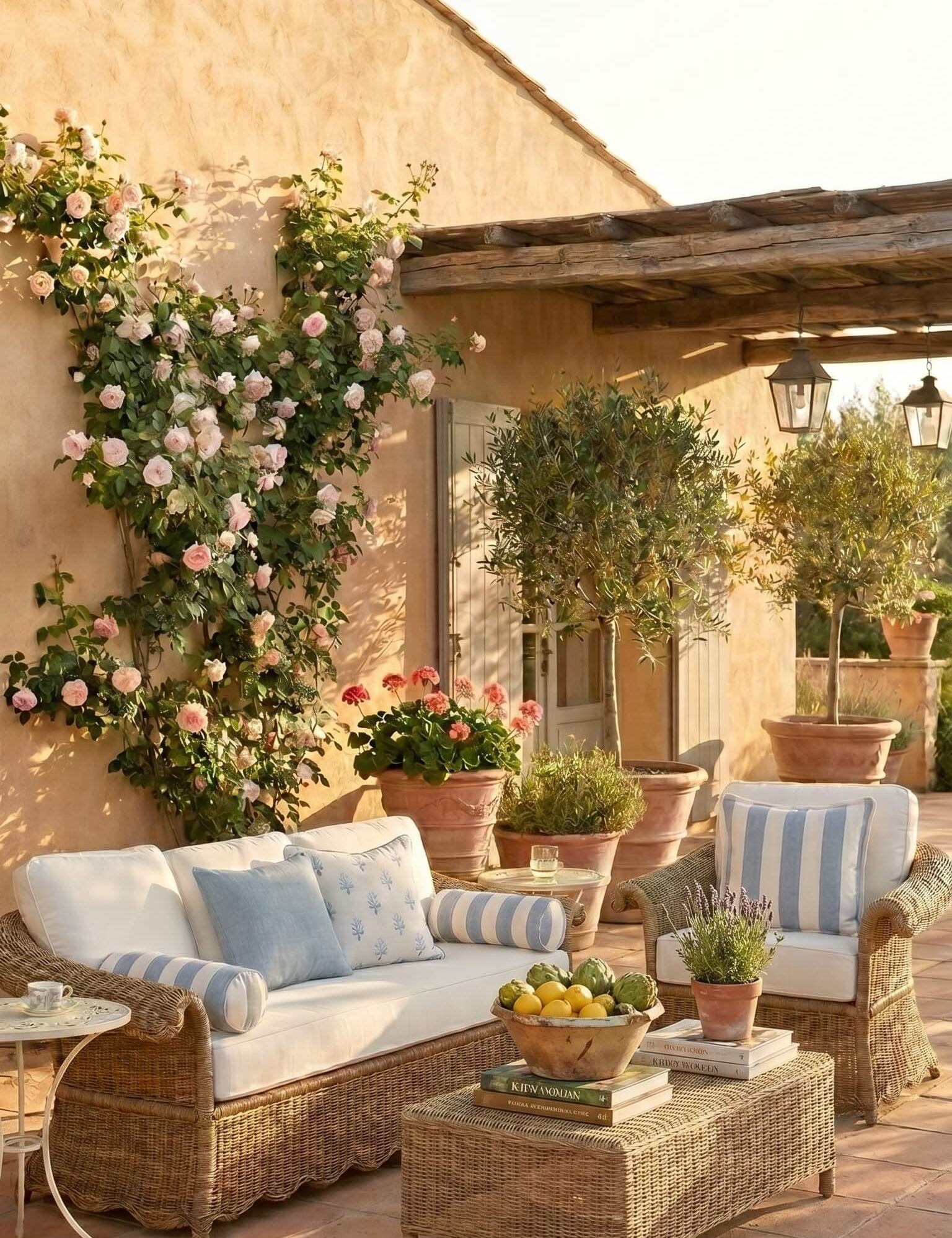 Outdoor patio with wicker furniture, flowers, and plants.