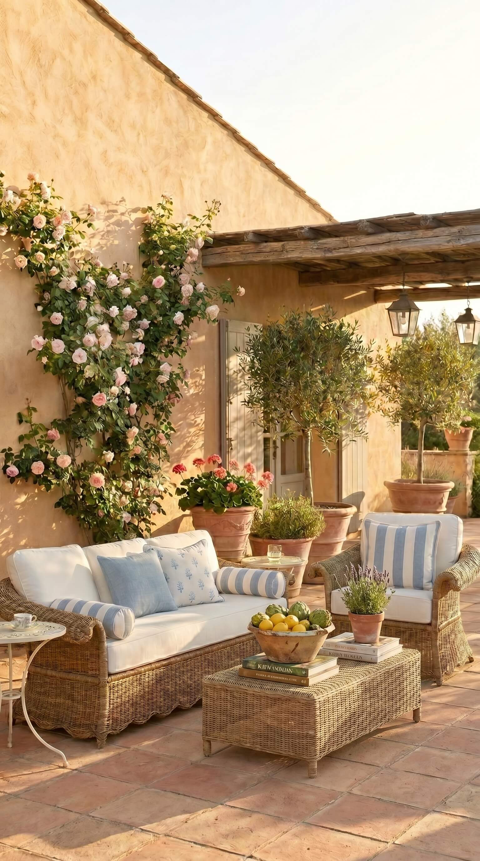 Outdoor patio with wicker furniture, flowers, and plants.
