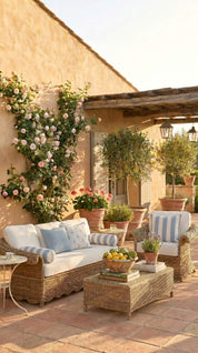 Outdoor patio with wicker furniture, flowers, and plants.