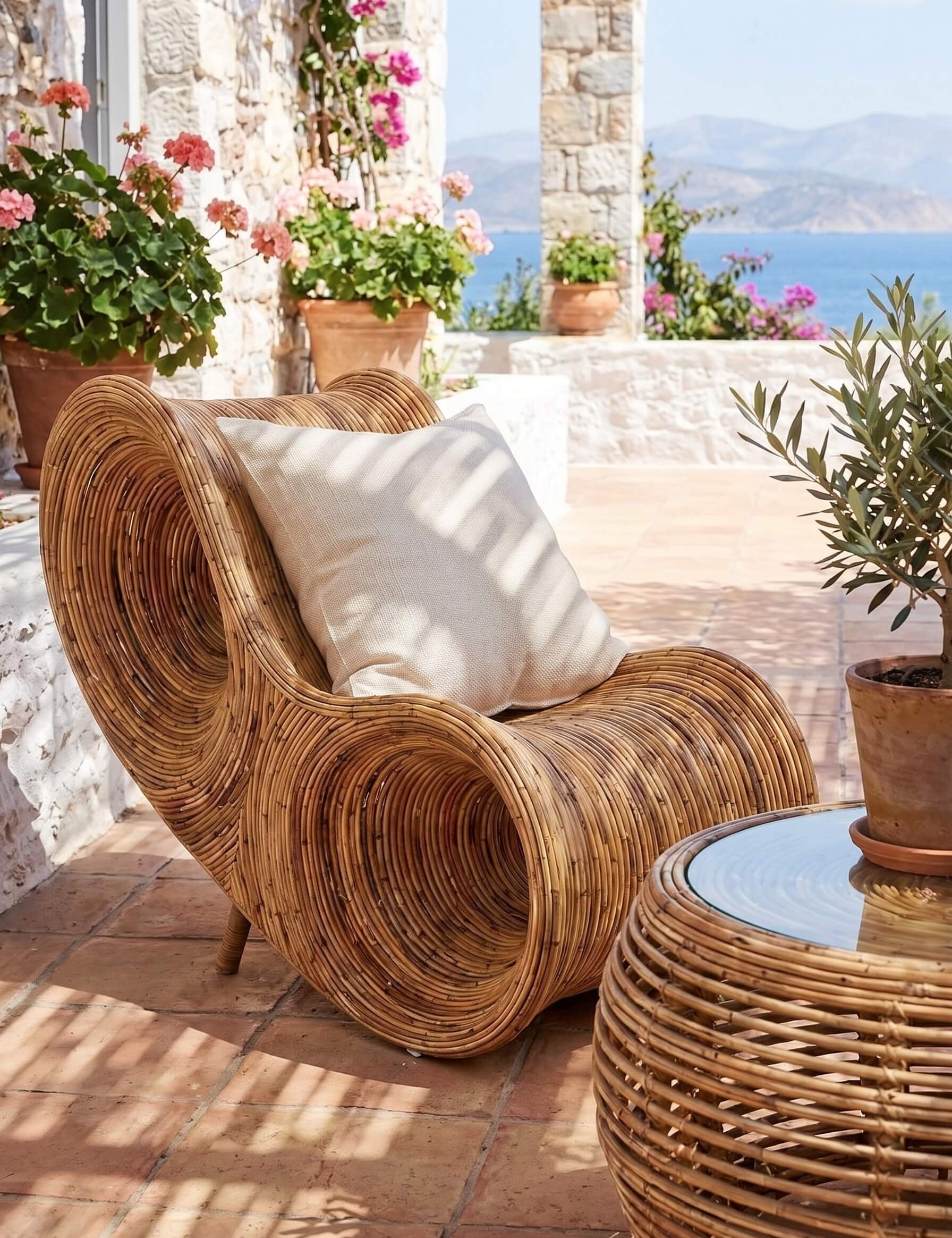 Modern rattan lounge chair with open frame design
