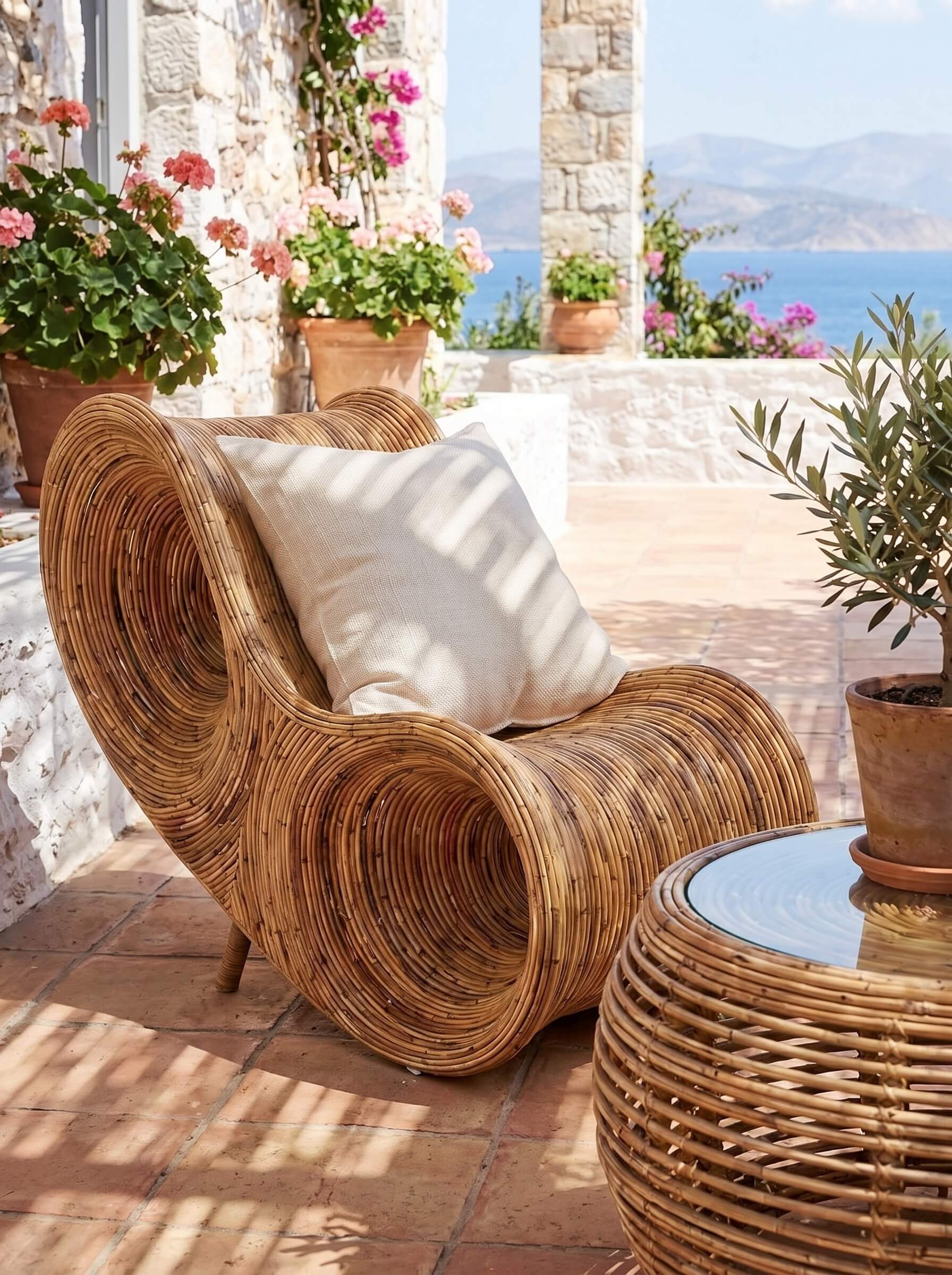Modern rattan lounge chair with open frame design