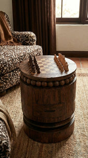 Handwoven wood chess coffee table with organic texture
