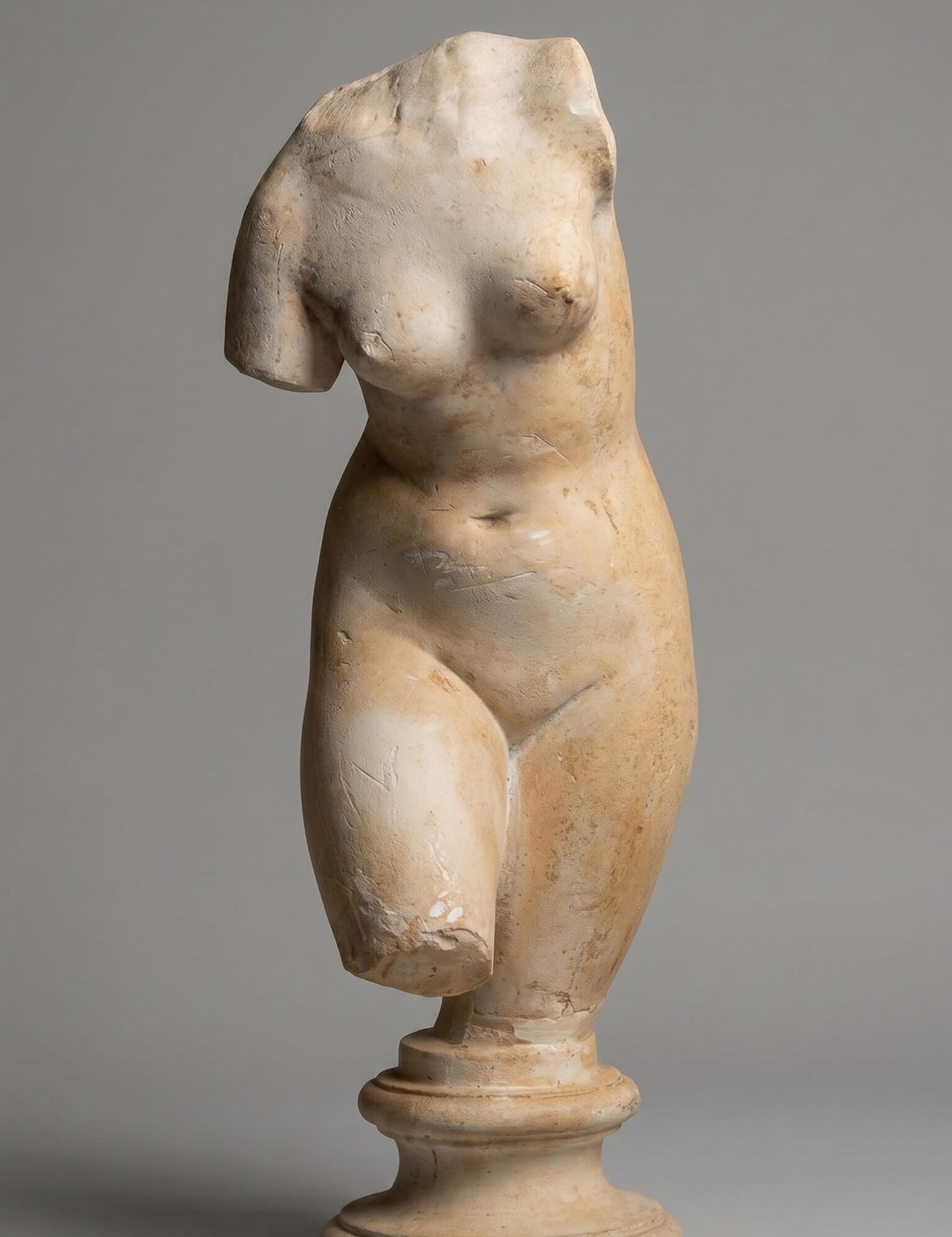 Marble statue of a nude figure on a gray background