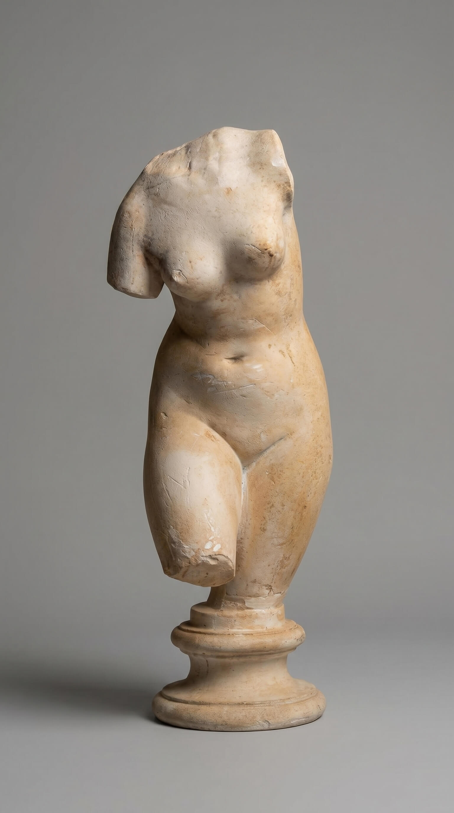 Marble statue of a nude figure on a gray background