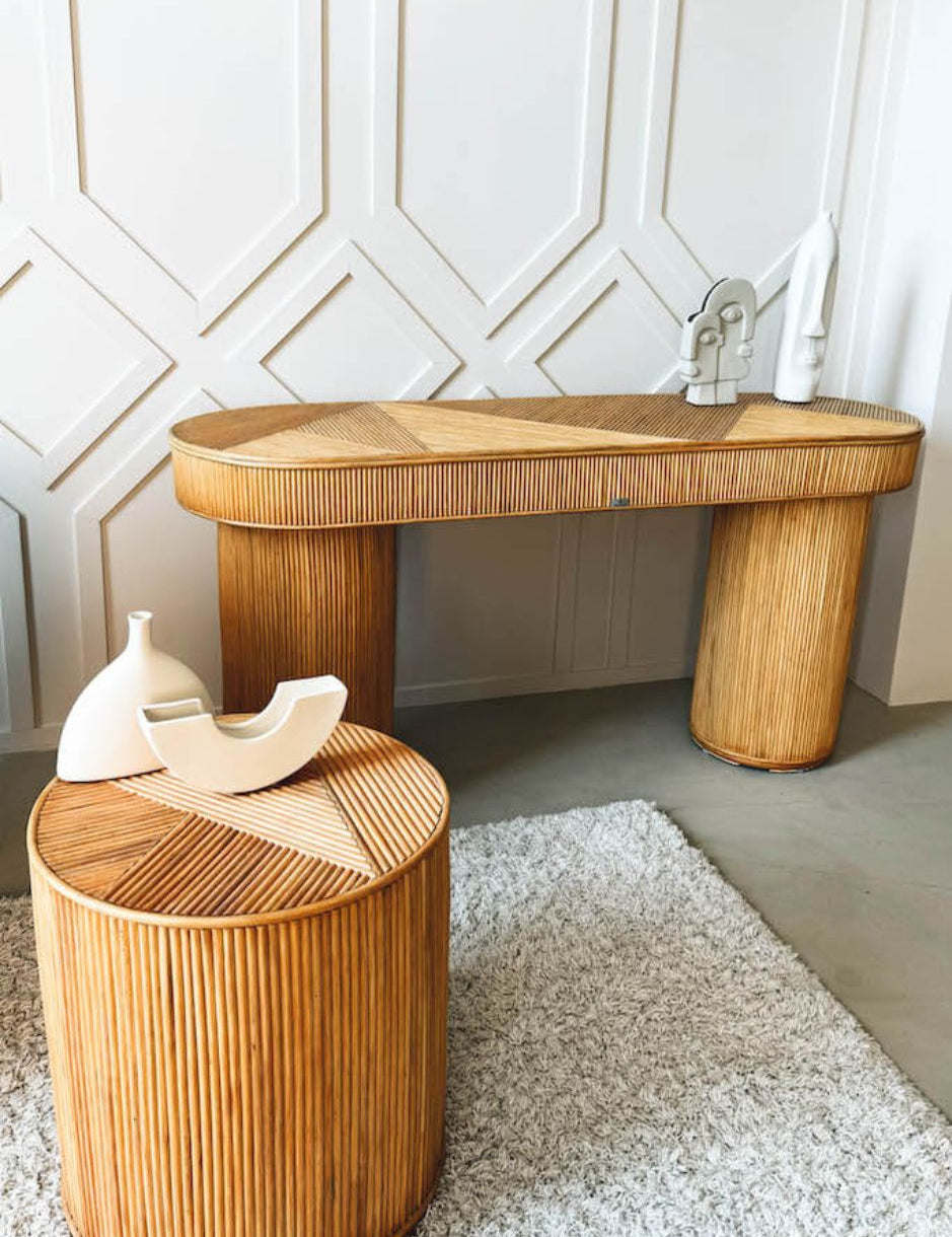 Coastal boho handmade natural rattan console table Kaca from the Tegal collection, perfect for living rooms, hallways, or entryways.