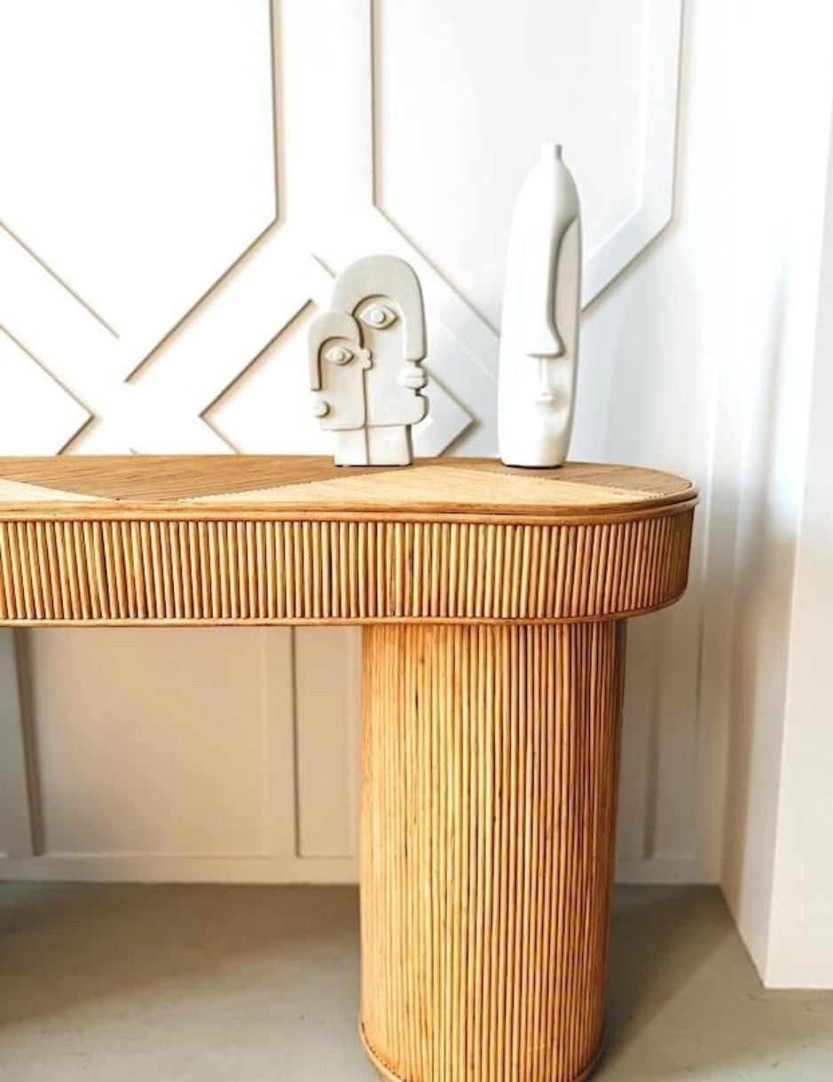 Coastal boho handmade natural rattan console table Kaca from the Tegal collection, perfect for living rooms, hallways, or entryways.