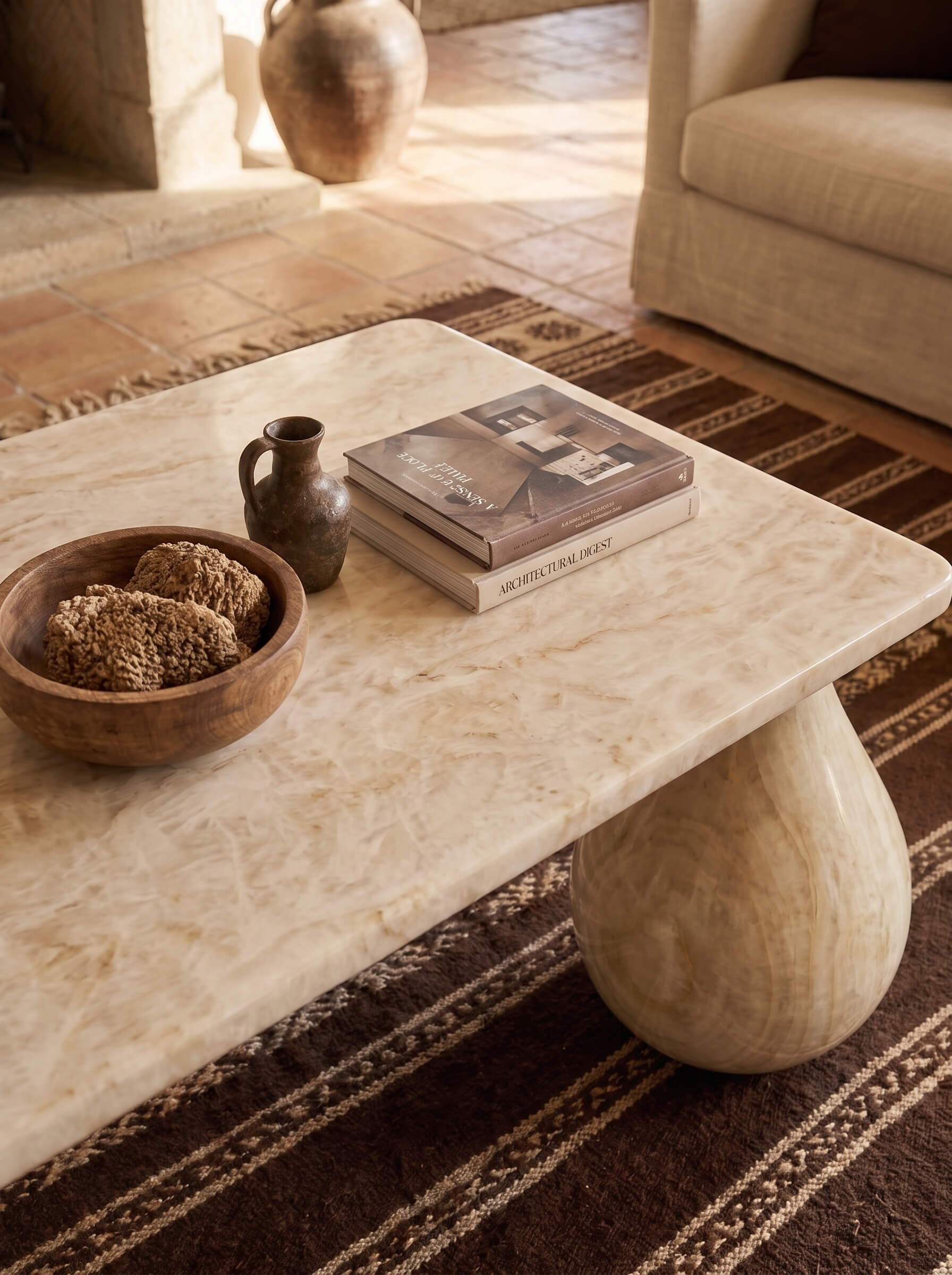 A rectangular coffee table made of light beige marble with a rounded sculptural base, styled in a warm living room with a brown patterned rug, a wooden bowl, and a stack of books.