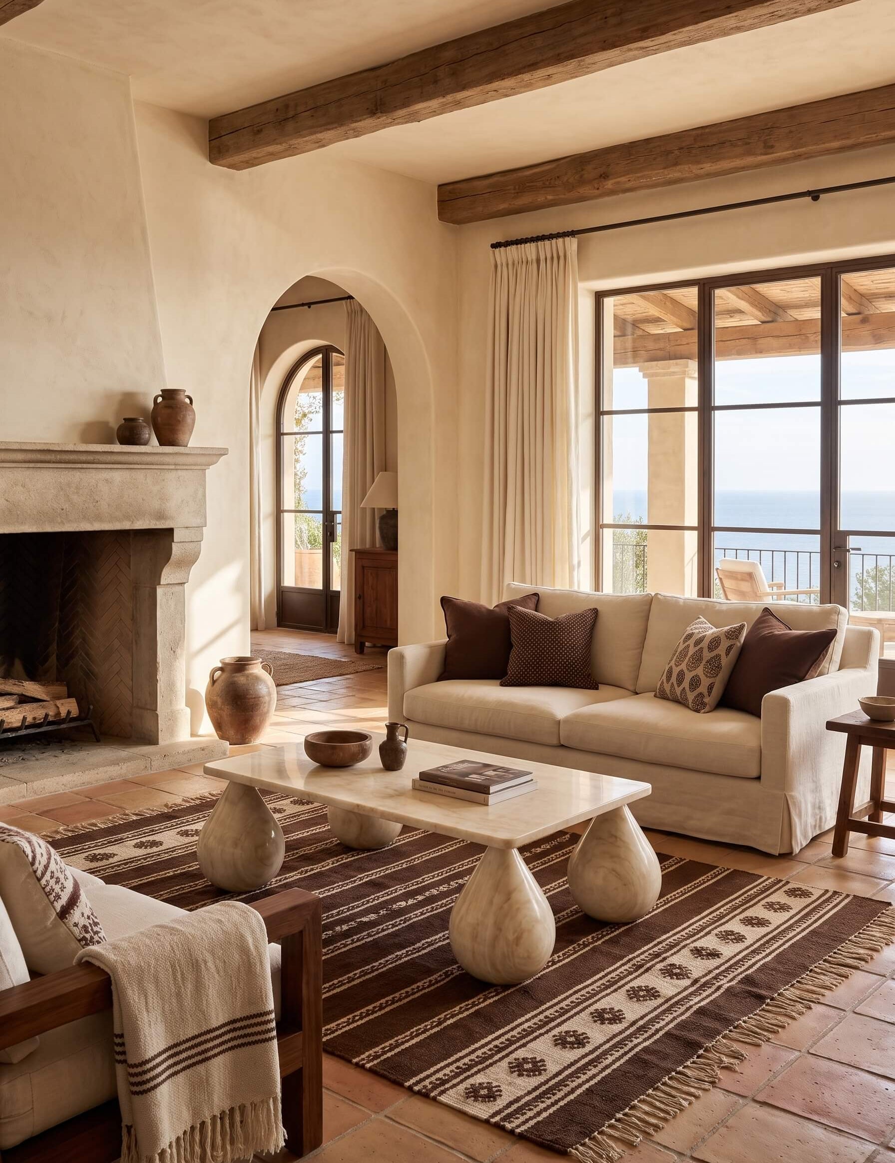 A styled interior living room scene with a cream slipcovered sofa, patterned brown and cream pillows, a white stone coffee table with sculptural legs, a brown patterned area rug, terracotta tile flooring, a fireplace, exposed wood ceiling beams, and large windows overlooking water.