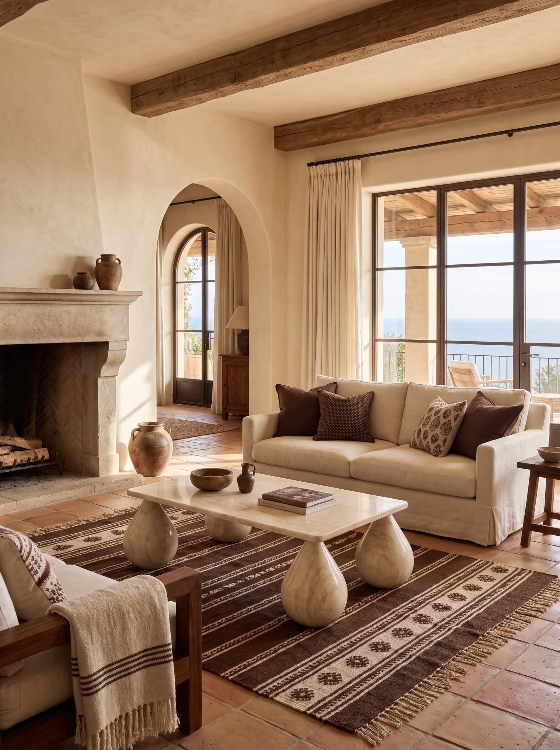 A styled interior living room scene with a cream slipcovered sofa, patterned brown and cream pillows, a white stone coffee table with sculptural legs, a brown patterned area rug, terracotta tile flooring, a fireplace, exposed wood ceiling beams, and large windows overlooking water.