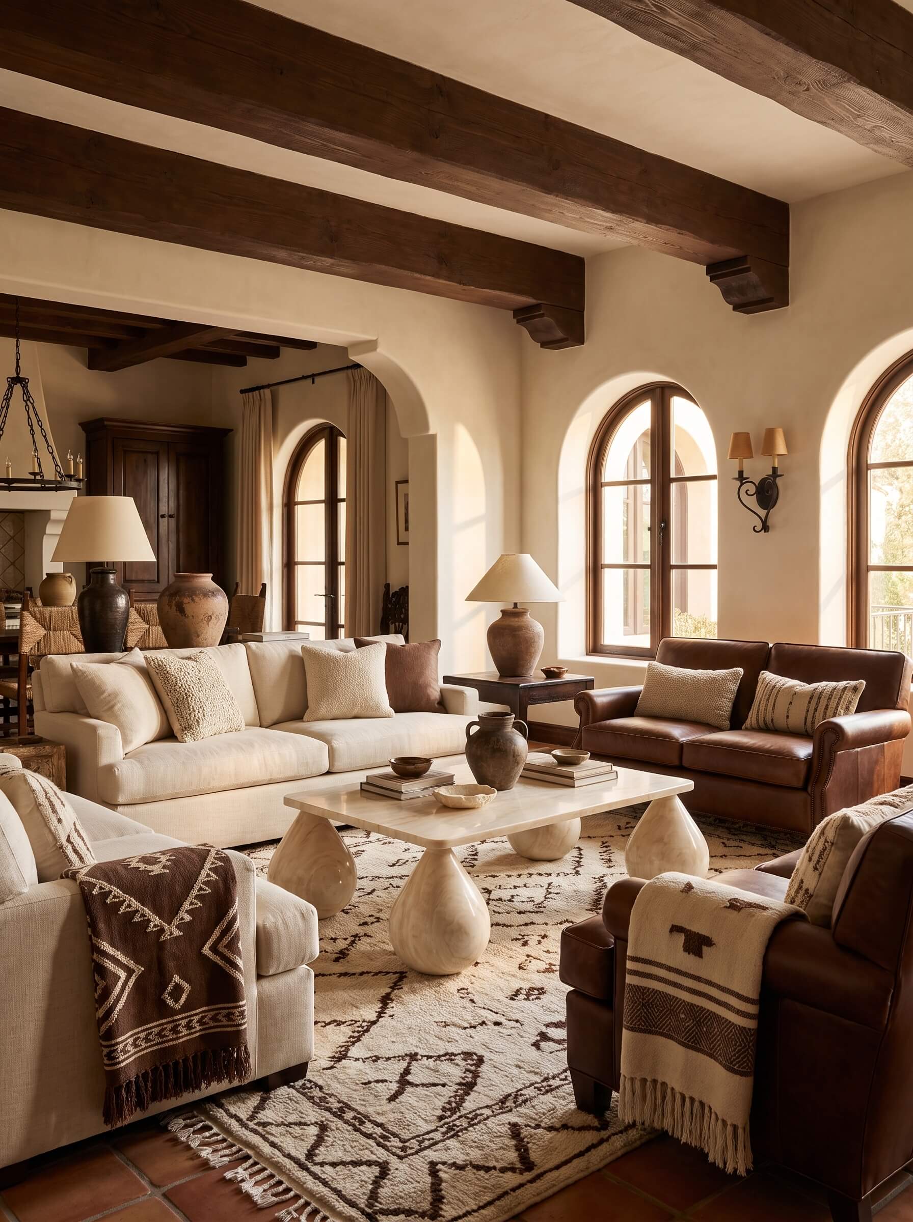 A styled living room interior with cream and brown sofas, a stone coffee table, patterned rugs, arched windows, and exposed wooden ceiling beams.