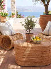 Handwoven rattan coffee table with natural woven texture