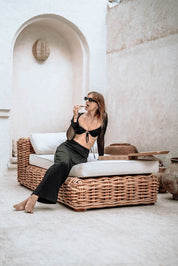 Handmade Ingka modular sofa chaise lounge in cognac rattan with thick weave, versatile as standalone lounger or part of modular sofa for living room, terrace, or patio.