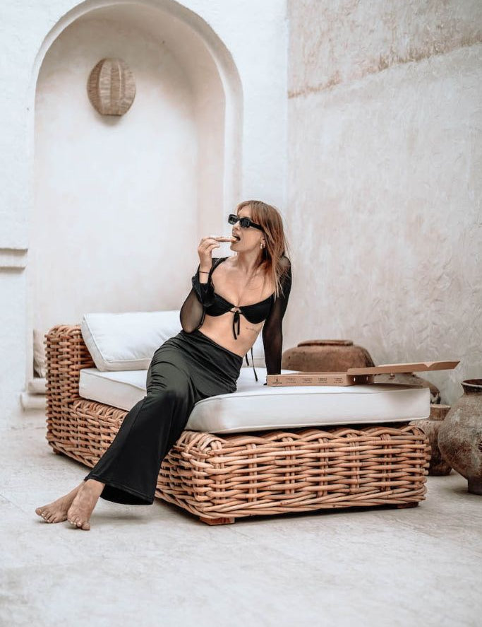 Handmade Ingka modular sofa chaise lounge in cognac rattan with thick weave, versatile as standalone lounger or part of modular sofa for living room, terrace, or patio.