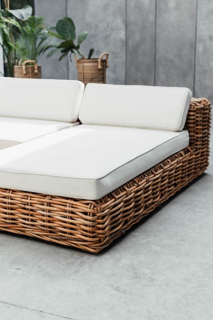 Handmade Ingka modular sofa chaise lounge in cognac rattan with thick weave, versatile as standalone lounger or part of modular sofa for living room, terrace, or patio.