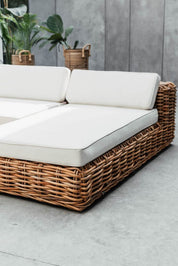 Handmade Ingka modular sofa chaise lounge in cognac rattan with thick weave, versatile as standalone lounger or part of modular sofa for living room, terrace, or patio.