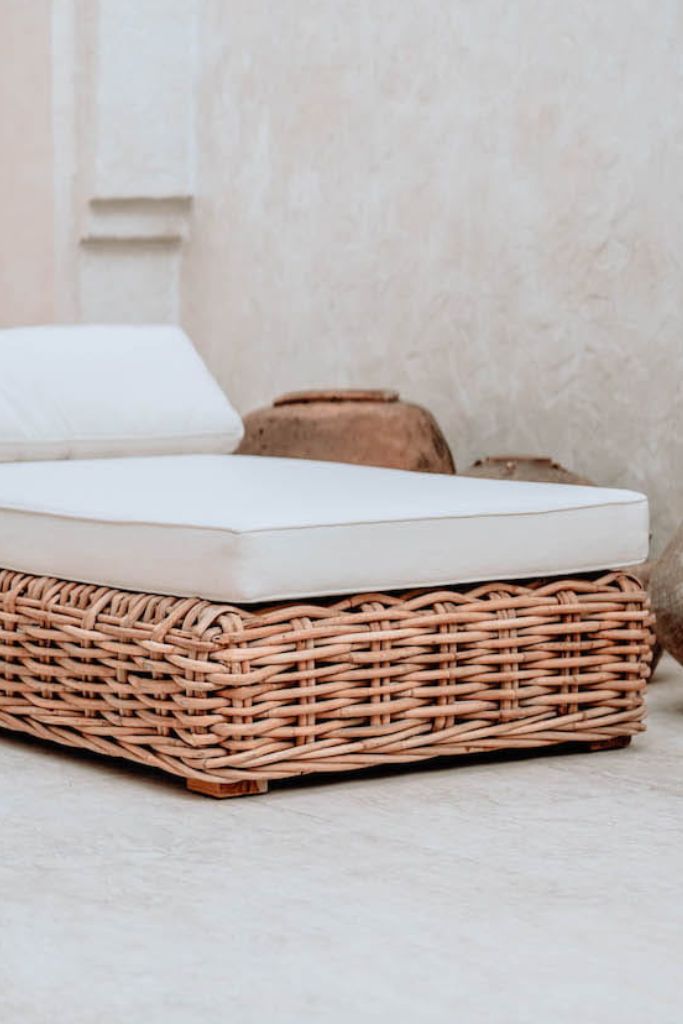 Handmade Ingka modular sofa chaise lounge in cognac rattan with thick weave, versatile as standalone lounger or part of modular sofa for living room, terrace, or patio.