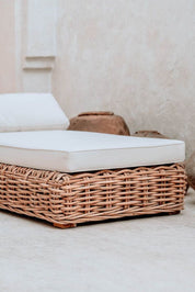 Handmade Ingka modular sofa chaise lounge in cognac rattan with thick weave, versatile as standalone lounger or part of modular sofa for living room, terrace, or patio.