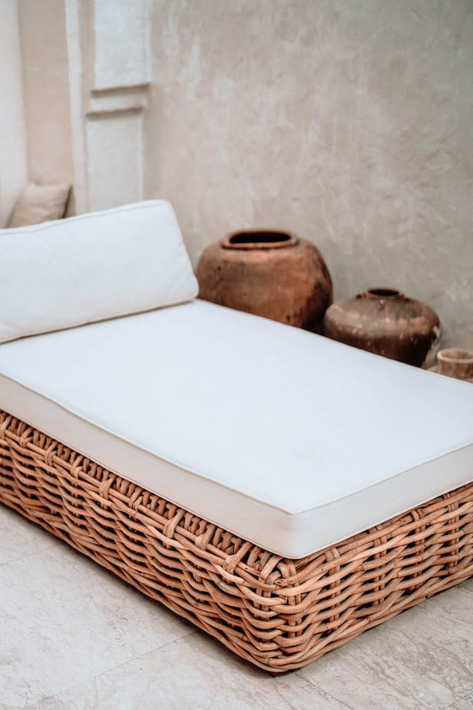 Handmade Ingka modular sofa chaise lounge in cognac rattan with thick weave, versatile as standalone lounger or part of modular sofa for living room, terrace, or patio.